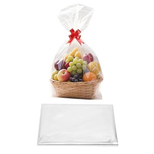 10 sacs cadeaux en cellophane transparents de grande taille, 70 x 50 cm Sacs d’emballage en cellophane refermables pour paniers, sac cadeau pour panier pour...