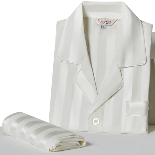 Image of Lonxu Pajamas Set Mens Silk Satin Pajamas Long Sleeve Loungewear Two-Piece Sleepwear Button-Down Pj Set S-XXXXL