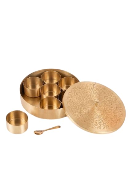 Image of Handcrafted Masala Dabba 7 Container Spice Box with Spoon 8 Inch 40 ml Each Traditional Indian Style