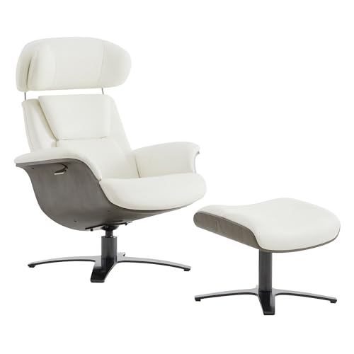 CHITA Genuine Leather Reclining Swivel Chair with Adjustable Headrest and Ottoman for Living Room, White