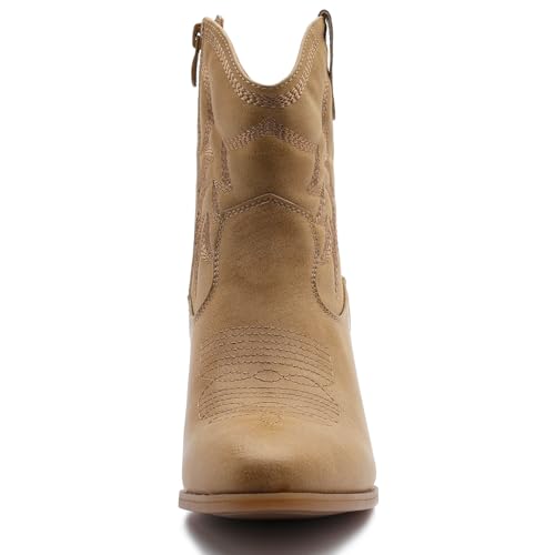 Image of GLOBALWIN Women's Cowgirl Boots Ankle Brown Cowboy Boots With Embroidered Stitching Low Heel Comfortable Western Boots For Country Outfits