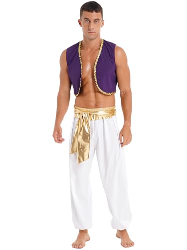 Yihuimin Disfraz de Aladin para hombre, chaleco sin mangas con pantalón y cinturón, juego de rol Aladin, disfraz árabe, cosplay, fiestas temáticas, clubwear, dorado, M