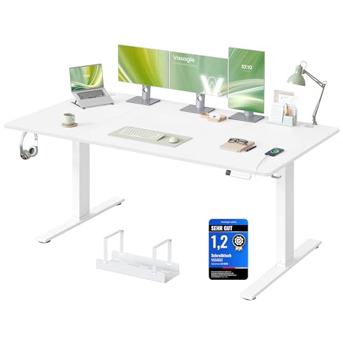 VASAGLE Höhenverstellbarer Schreibtisch, 180 x 80 cm, USB-C-Anschluss, Ablage für Steckdosenleiste, Stehtisch, Erinnerung bei langem Sitzen, 3 Speichertasten, für Büro, mattweiß LSD148WZ02