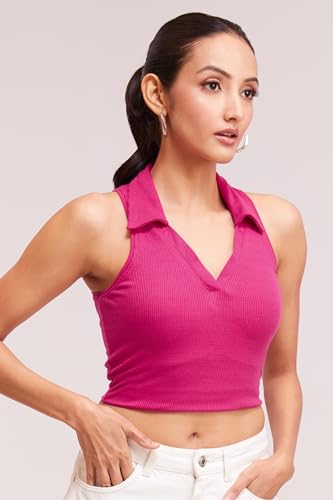 Image of BERRY BIRD Stylish Sleeveless V-Neck Slim Fit Collar Ribbed Knit Tank Crop Tops for Women & Girls Beach and Gym Wear and Western Trendy Fashion