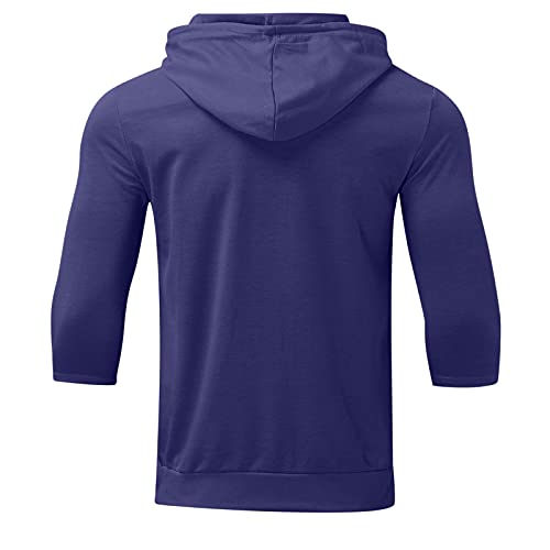 Men's Solid Color Hooded with Pocket Sweatshirt Lace-up Pullover 3/4 Sleeve Top for Fall(Blue,M)3