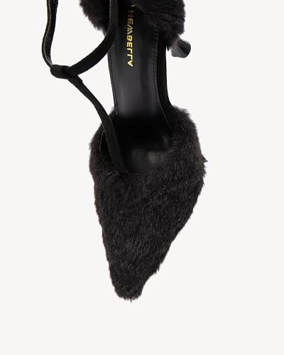 Women’s T-Strap Heels – 3.93 inch Pointed Toe Stiletto Pumps with Ankle Strap, Fluffy Dress Shoes for Party, Evening, Holiday or Special Occasions3