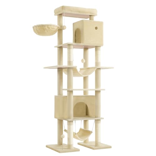 Feandrea Albero per Gatti Grande, Tiragraffi Multilivello XXL, Alto 201 cm, con una Piattaforma, un'Amaca, 2 Casette per Gatti, 2 Amache, Kit Antiribaltamento, Beige PCT195Y01V1