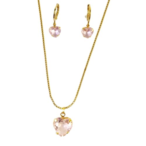Conjunto Colar e Brinco Feminino Pingente de Coração de Zircônia Gargantilha Banhado a Ouro 18k Delicado e Luxuoso (Rosa)
