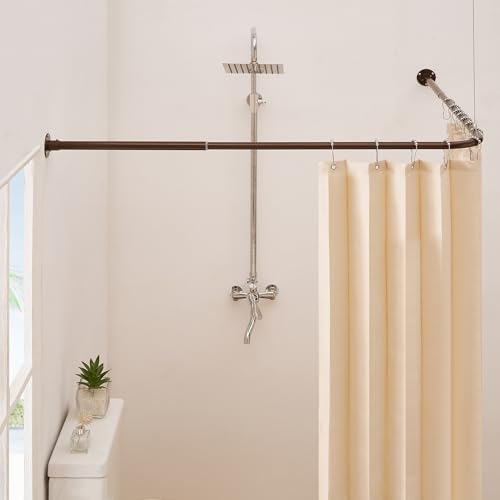 Corner Shower Curtain Rod, Coffee [24"-53"] x [24"-53"] Adjustable L Shaped Shower Rod No-Sagging 90 Degree Curved Curtain Rod for Bathroom Bathtub with 12 Ring Hooks & Ceiling Support