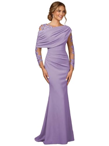 Plus Size Mother of the Bride Dress for Wedding Ruffles Asymmetric Neck Mother of the Groom Dress Laces Long Sleeves Violet