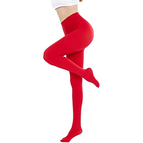 CozyWow Run Resistant 80D Soft Solid Color Semi Opaque Footed Tights High Waist, Red, L-x-L Cover