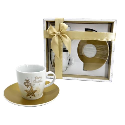 MA MAISON Linea Gold in Ceramica Set Regalo Natalizio - Tazze e Tazzine da Caffè - per Bevande Fredde e Calde Fantasia Oro e Bianca con Decori Natalizi (Set 2 Tazzine + Piattino)