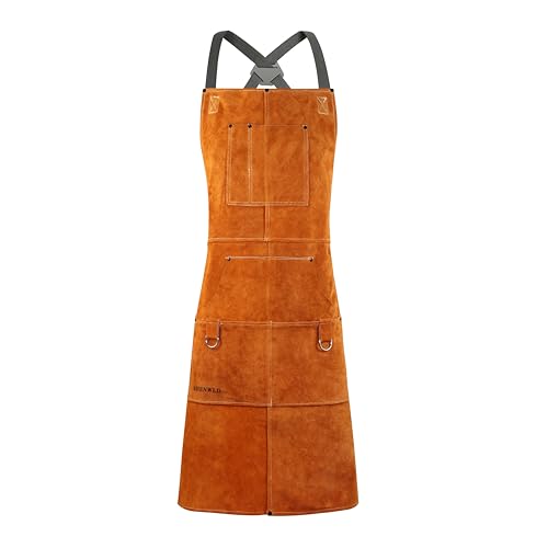 shenwld Leather Welding Work Apron, Heavy Duty Heat & Flame-Resistant - for Welders, Blacksmiths, BBQ, Brown - 42 With 6 Pockets, 24X36 with 6 Pockets
