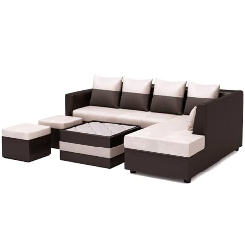 FURNY Marbo 8 Seater Fabric RHS Sectional L Shape Sofa Set with 1 Centre Table & 2 Ottomans (Cream-Brown) FURNY Marbo 8 Seater Fabric RHS Sectional L Shape Sofa Set with 1 Centre Table & 2 Ottomans (Cream-Brown)