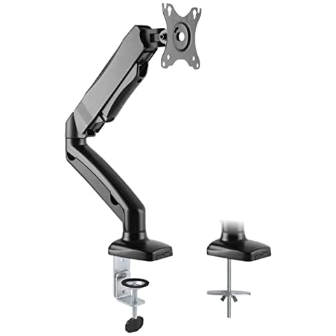 TTAP Single Gas Spring Monitor Arm Desk Mount Height Adjustable Monitor Arm Fits 17” to 32" Monitors Maximum 9KG weight with VESA 75x75 and 100x100mm Clamp and Grommet Base Full Motion Monitor Mount Cover