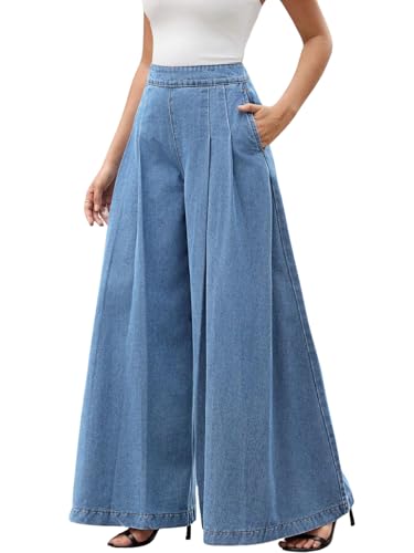 Image of GRECIILOOKS Palazzo Jeans for Women | High Waist - Flared Palazzo Pants for Women Wide Leg Denim Casual Trousers | Woman Wide Leg Baggy Jeans Loose Fit Denim Pants with Pockets