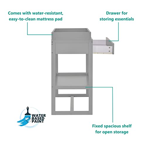 Image of Dream On Me Arlo Changing Table with Pad & Safety Strap - Pebble Grey | Solid New Zealand Pinewood, Non-Toxic Finish, Spacious Fixed Storage Shelf for Diapers, Water-Resistant 1 inch Pad