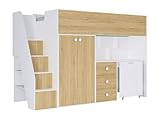Vente-unique-Cama Alta 90 x 190 cm con Armario y Escritorio - Blanco y Natural - LANILATO