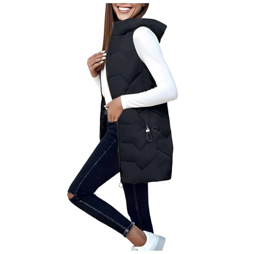 SHINEHUA Women's Quilted Gilets Long Vest Fleece Zip Up Padded Vest Ladies Long Hooded Gilets Bodywarmers Winter Gilet for Women Sleeveless Puffer Down Waistcoat Zip Up Gilet Outerwear (XXXL)