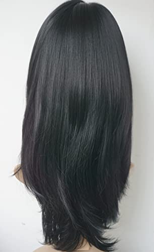 Natural Black wig with bangs Layered Wigs for white Women black hair wig Synthetic Wigs Flow out Curl for White Women (Black)