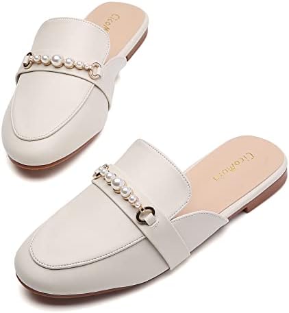CicoMuin Metal Chain Pearl Decor Mules for Women Closed Round Toe Flats Slip On Backless Loafers Womens Slides Shoes
