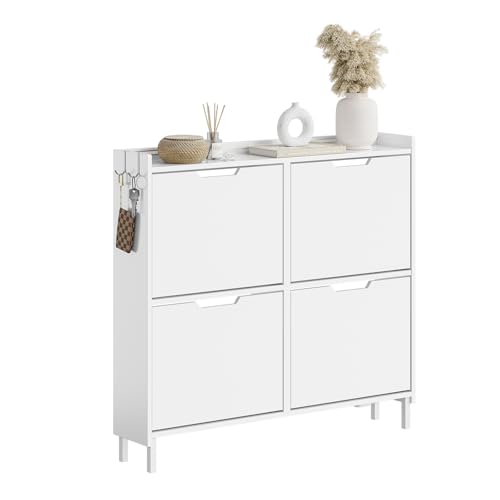 SoBuy Zapatero Estrecho Entrada Recibidor, Mueble Zapatero Recibidor con Luz LED Sensor y 19 cm de Fondo, para Pasillo y Entrada, para Pisos Pequeños, Blanco, 100 x 19 x 93 cm, FSR100-E-W