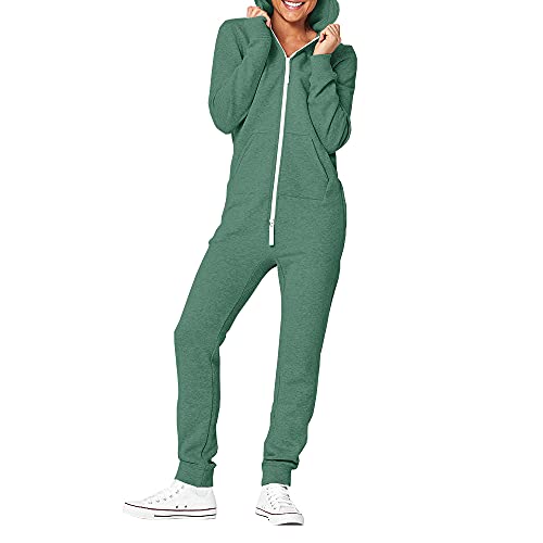 Damen Einteiliger Schlafanzug mit Kapuze und Reißverschlusstaschen, Unisex Spielanzug, Grün , X-Large Cover