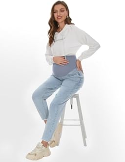 POSHGLAM Women's Maternity Jeans Over Belly Comfy Stretch 28'' Boyfriend Jeans Loose Pregnancy Pants, S-XXL