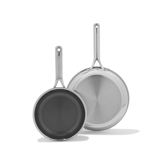 Image of OXO Hybrid 8 inch and 10 inch Frying Pan Skillet Set, Durable PFAS-Free Ceramic, Fusion Boost Tech for Powerful Searing, Induction & All Cooktop Compatible, Dishwasher Safe, Mirror Polished Tri-Ply