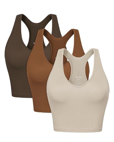 ODODOS 3-Pack Seamless Racerback Crop Tank for Women Ribbed Knit