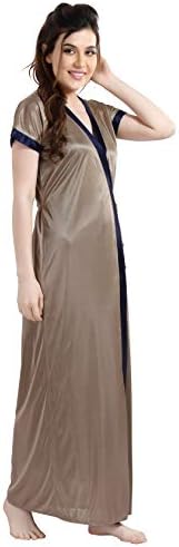 AV2 Women's Satin Solid Knee Length Nighty With Lace And Robe