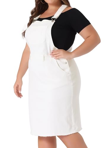 Agnes Orinda Women's Plus Size Overalls Dresses Jean Skirt Distressed Racerback Suspender Denim Overall Dress 3X White
