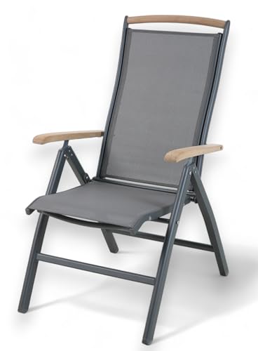 ALEOS. Hochlehner Trinidad Aluminium Gartensessel Hochlehner mit Armlehnen echt Teakholz 7-Positions Sessel 7-Fach verstellbar Outdoor Textilgewebe klappbar, Größe:1 Stück