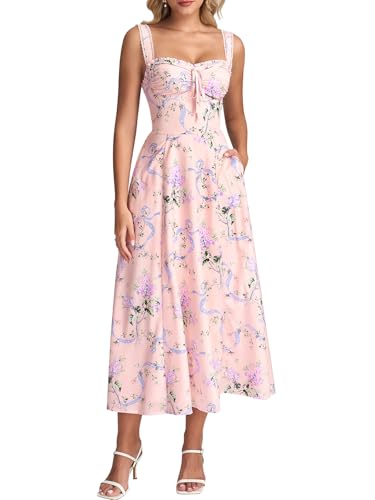 Image of KUTUMAI Floral Corset Midi Dresses for Women 2026 Lace Up Flowy Summer Wedding Guest Dress with Pockets