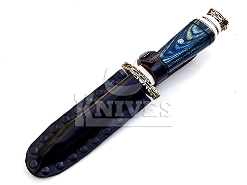 NoonKnives: 10.5" Hand-made Damascus Steel blade Collectible Kris Handle Blue Pakka Wood with brass clip or brass pommel
