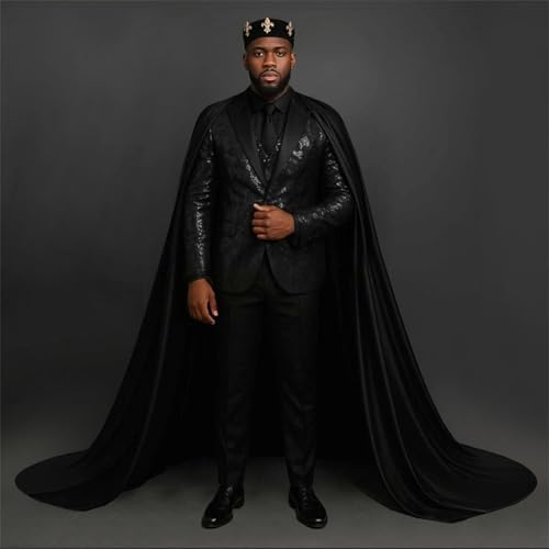 Mens 3 Pieces Black Tuxedo Set Slim Fit Prom Graduation Party Jacquard Jacket Pants with Removable Satin Cape2