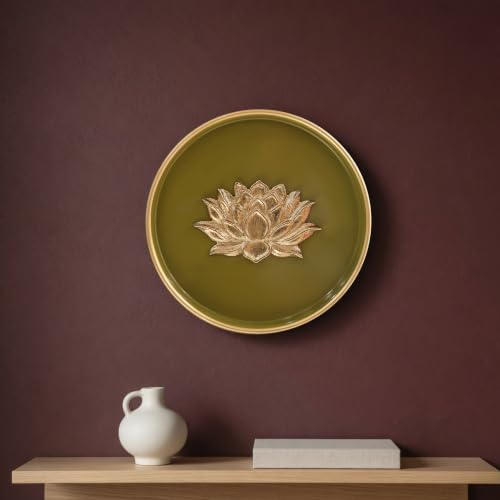 Image of BEHOMA Lotus Metal Wall Plate Olive Green & Gold 8.4 inch