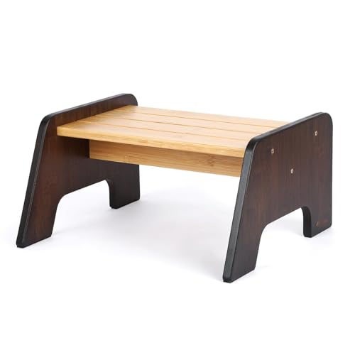 StrongTek Taburete de bambú para niños, taburete de madera estable antivuelco con plataforma antideslizante ancha, esquinas redondeadas y diseño duradero para niños pequeños en baño, dormitorio y