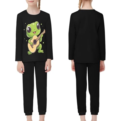 Chririnla Cute Frog Sleepwear for Kids Unisex Long Sleeve Pyjamas Cartoon Frog Play Guitar Pajamas Tops and Pants Pjs,5-6 Years - Image 2