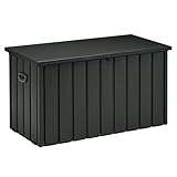 Outsunny 450 Litre Garden Storage Box, Outdoor Storage Box with Wheels and Handles, Lockable Galvanised Steel Outside Deck Box Organiser for Tools, Cushions, Dark Grey