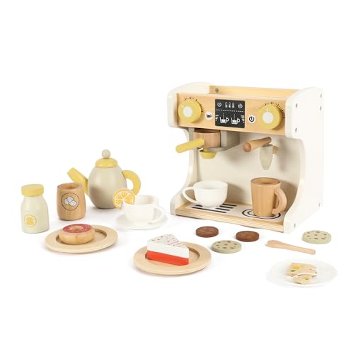 Freniland Wooden Coffee Maker Playset for Toddlers Deluxe Pretend Espresso Machine with Accessories Montessori Kitchen Toy for Kids Ages 3Y+