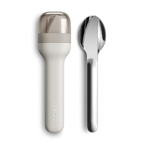 ZOKU Pocket Utensil Set, Grey - Stainless Steel Fork, Knife, and Spoon Nest in Case - Portable Design for Travel, School, Work, Picnics, Camping and Outdoor Home Use