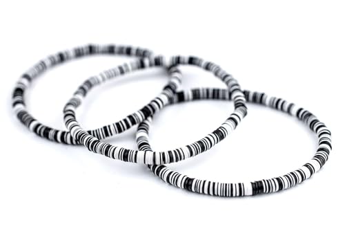 TheBeadChest Boho Stretch Bracelet, Black & White - Stackable African Vinyl Heishi, Unisex for Men & Women3