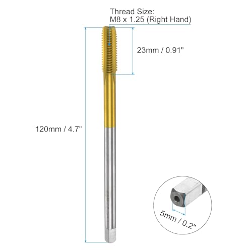 QUARKZMAN Metrisches Gewindebohrer M8 x 1.25 H2 120mm Extra lang, Titanbeschichtet, Hochgeschwindigkeitsstahl 6542, Gerade Nut, Gewindeschneidemaschine, Gewindeschneiden, Reparaturwerkzeug