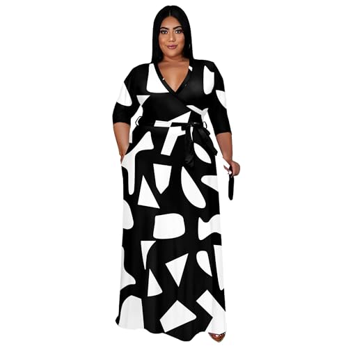 Image of Runwind Plus Size Maxi Dresses - 3 /4 Sleeve V Neck Long Dresses for Women (XL-6XL)