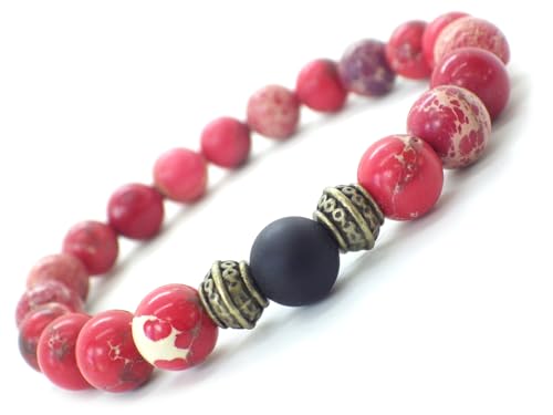 Bracelet perles jaspe impérial rouge agate noire et laiton tibétain