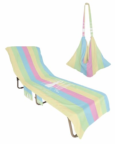 Easter Bunny Beach Chair Towel Covers for Chaise Lounge with Side Pocket, Soft Plush Pool Towels Cover for Patio Sunbathing Outdoor 29''x85'' Colorful Striped Rabbit