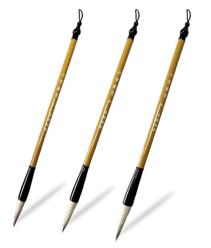 Corciosy 3 Sizes Chinese Calligraphy Brush Set, Chinese Writing Brushes, Wooden Ink Watercolor Painting Brushes Traditional Art Sumi Brush Goat and Wolf Hair (Large, Medium, Small)