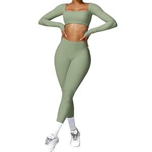 ABOCIW Workout Sets for Women 2 Piece Square Neck Long Sleeve Crop Tops High Waist Flared Leggings Gym Sets