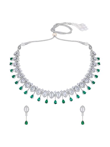 Image of ASMITTA Jewellery Green Stone Jewellery Set for Women American Diamond Necklace Set & Green Earrings for Women Stylish